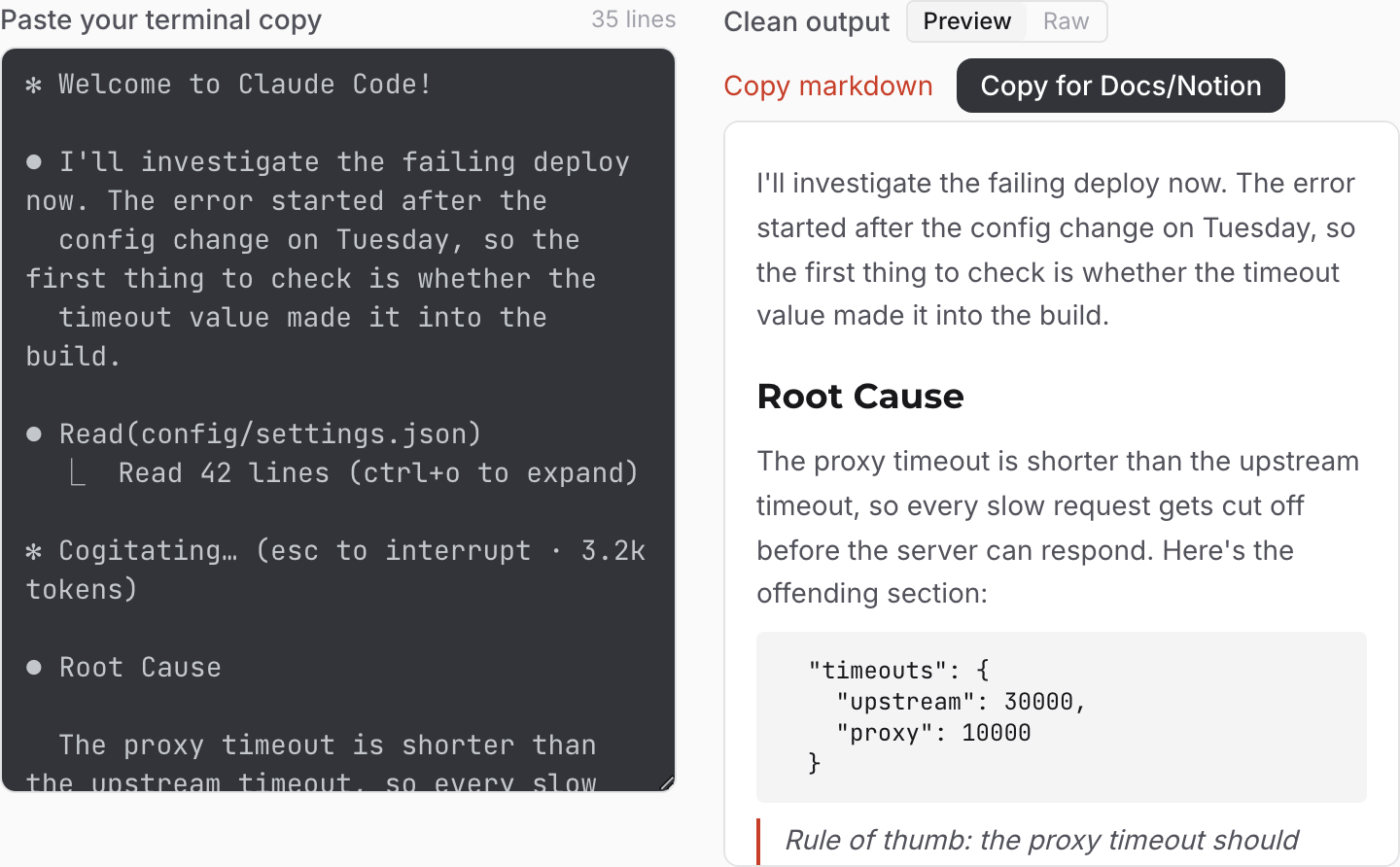 Claude Code Paste Cleaner — messy terminal paste on the left, rendered markdown on the right