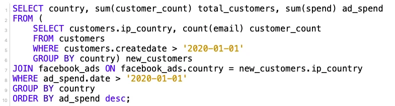 SELECT country, sum(customer_count) total_customers, sum(spend) ad_spend
FROM (
	SELECT customers.ip_country, count(email) customer_count
	FROM customers 
	WHERE customers.createdate > '2020-01-01'
	GROUP BY country) new_customers
JOIN facebook_ads ON facebook_ads.country = new_customers.ip_country
WHERE ad_spend.date > '2020-01-01'
GROUP BY country
ORDER BY ad_spend desc;